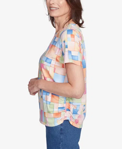 Alfred Dunner Petite Color Block Tile Top With Side Ruching In Multi