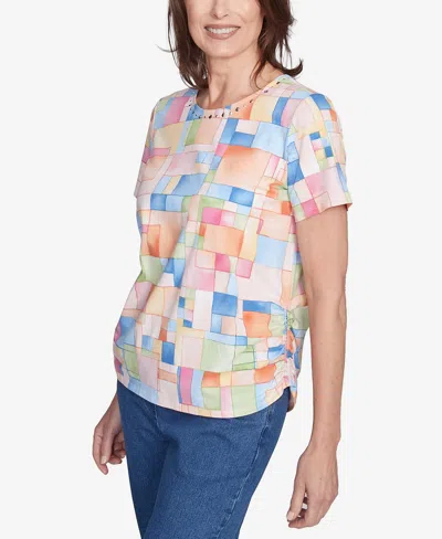 Alfred Dunner Petite Color Block Tile Top With Side Ruching In Multi