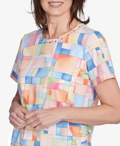 Alfred Dunner Petite Color Block Tile Top With Side Ruching In Multi