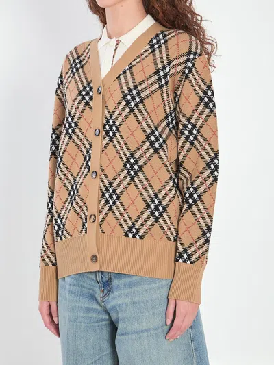 Burberry Check Pattern V-neck Cardigan In Brown
