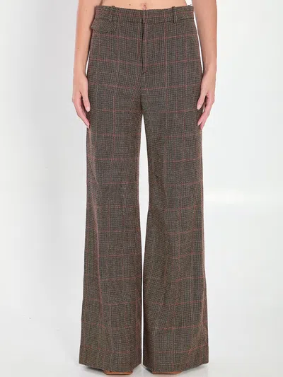 Chloé Brown Flared Checkered Wool Trousers In Brown