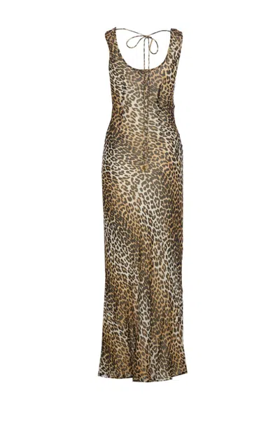 Ganni Animal Print Scoop Neckline Floor-length Dress In Brown