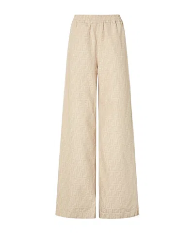 Fendi Wide-leg Patterned Cotton Blend Trousers In Neutral
