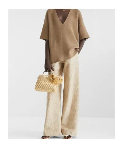 Fendi Wide-leg Patterned Cotton Blend Trousers In Neutral
