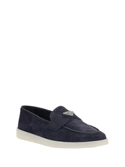 Prada Almond Toe Suede Loafers With Rubber Sole In Blue