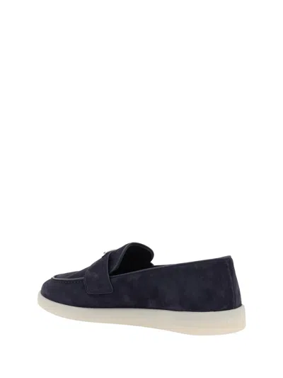 Prada Almond Toe Suede Loafers With Rubber Sole In Blue