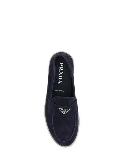 Prada Almond Toe Suede Loafers With Rubber Sole In Blue