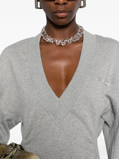 Attico Grey Mini Dress With V Neck And Logo Lettering On The Front In Cotton Woman In Gray