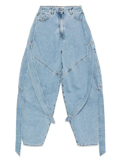 Attico Blue Jeans With Maxi Drawstring On The Front And Logo Patch On The Rear In Denim Woman