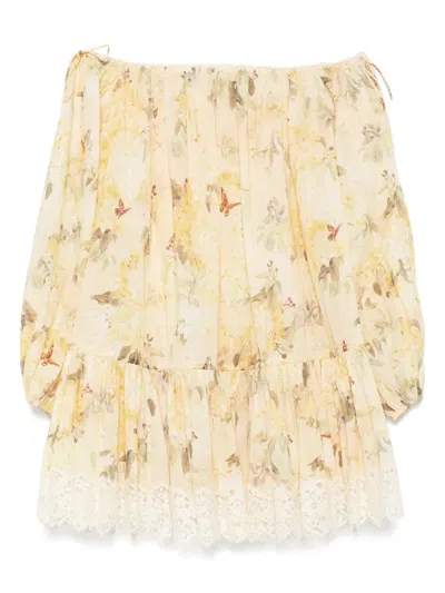 Zimmermann Cascadian Off-the-shoulder Lace-trimmed Printed Cotton-voile Mini Dress In Yellow