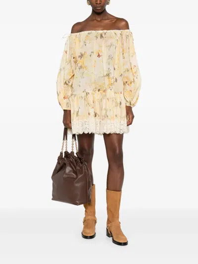 Zimmermann Cascadian Off-the-shoulder Lace-trimmed Printed Cotton-voile Mini Dress In Yellow