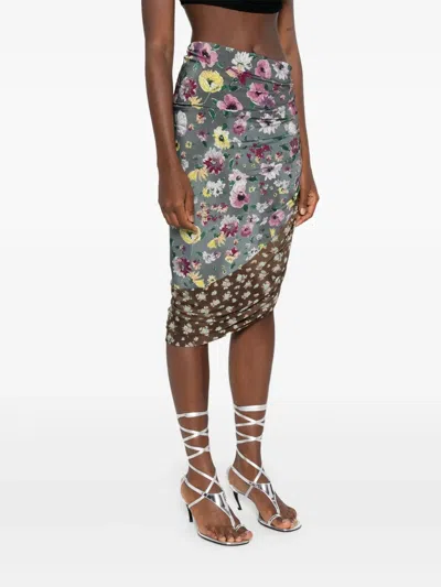 Attico Floral Printed Asymmetric Draped Midi Skirt In Multi