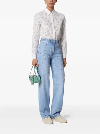 Versace Embellished High-waist Jeans In Blue