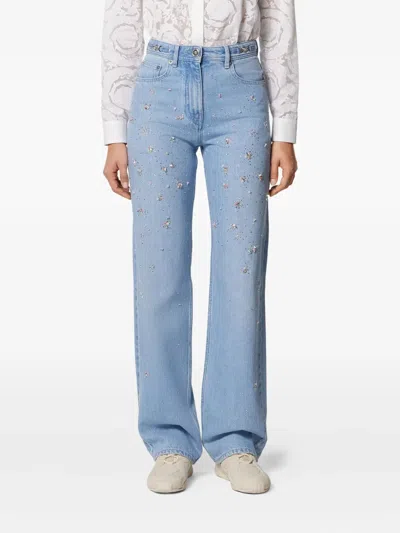 Versace Embellished High-waist Jeans In Blue