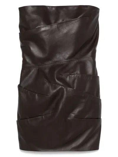 Attico Brown Off-shoulder Sleeveless Mini Dress With Rear Zip Closure In Leather Woman In Brown