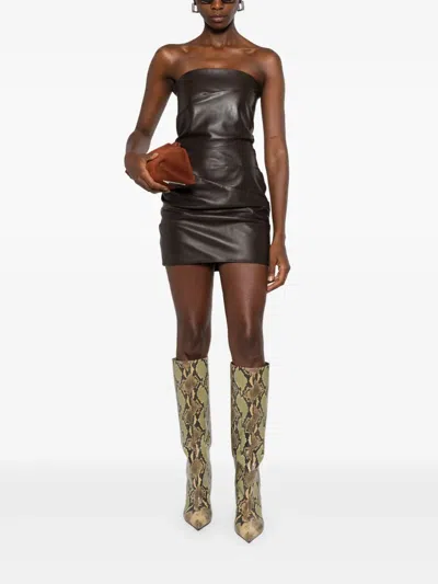 Attico Brown Off-shoulder Sleeveless Mini Dress With Rear Zip Closure In Leather Woman In Brown