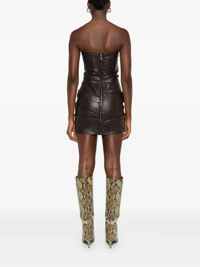 Attico Brown Off-shoulder Sleeveless Mini Dress With Rear Zip Closure In Leather Woman In Brown
