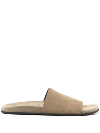 The Row Hugh Suede Flat Slide Sandals In Nude
