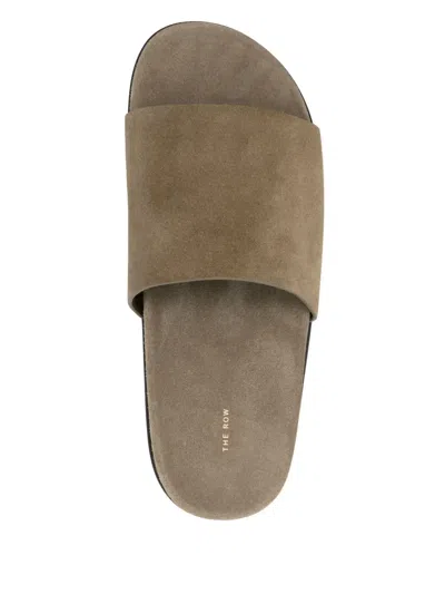 The Row Hugh Suede Flat Slide Sandals In Nude