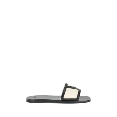 Valentino Butter White And Black Synthetic Slides With Wide Strap In Neutral