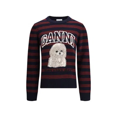 Ganni Graphic Wool Mix Poodle Stripe Crewneck Knitwear Multicolor In Multi