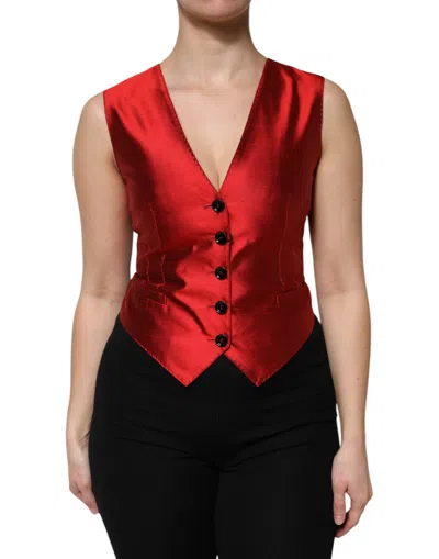 Dolce & Gabbana Red Black Button Down Sleeveless Vest Top In Red