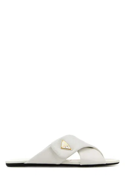 Prada Nappa Leather Flat Open Toe Sandals In White