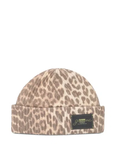 Ganni Women Leopard Print Beanie Hat, Onesize Luxury Hats For Women Darveys In Brown