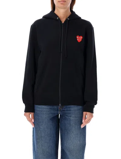Comme Des Garçons Zipped Hoodie With Double Heart Patch In Black
