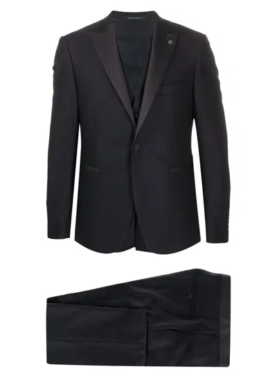 Tagliatore Three-piece Tailored Suit With Silk-effect Lapels In Black