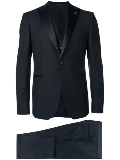 Tagliatore Three-piece Tailored Suit In Rich Blue Virgin Wool In Black