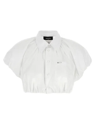 Dsquared2 Short Sleeve Collared Shirt With Gathered Detail In White