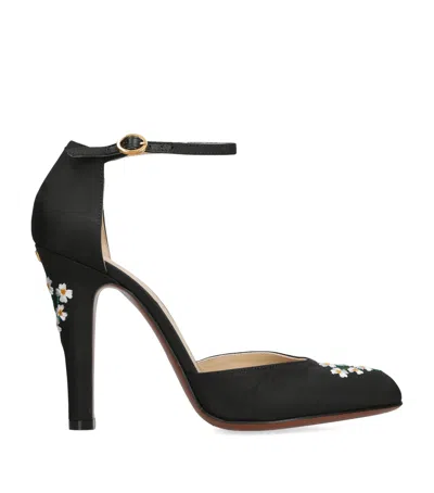 Valentino Floral Embroidered Round Toe Ankle Strap Pumps In Black