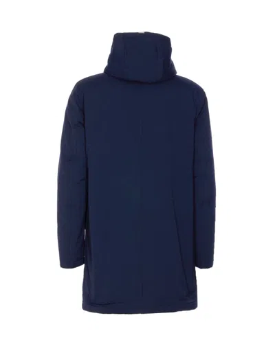 Herno Hooded Long Length Padded Coat With Button Pockets In Blue