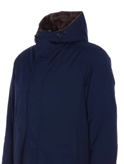 Herno Hooded Long Length Padded Coat With Button Pockets In Blue