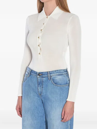 Self-portrait Fitted White Top With Deep V-neckline And Button Detailing