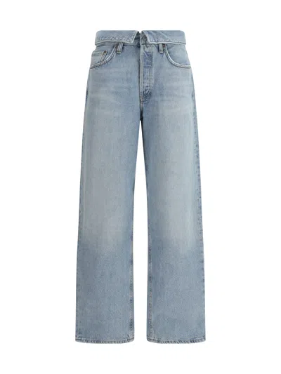 Agolde High Waist Frayed Hem Jeans In Blue