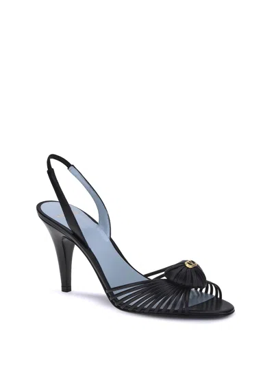 Valentino Black Slingback Leather Woven Heart Heeled Sandals In Black