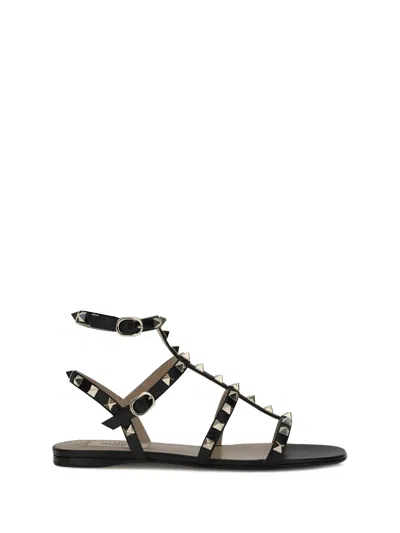 Valentino Garavani Rockstud Ankle-strap Flat Sandals In Black