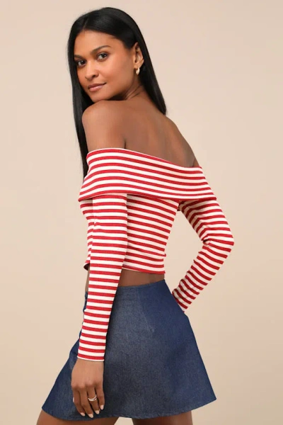 Lulus Danon Red And Cream Striped Rosette Off-the-shoulder Top In Red