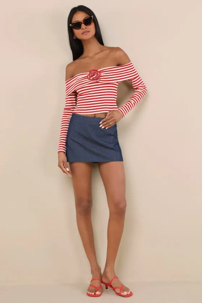 Lulus Danon Red And Cream Striped Rosette Off-the-shoulder Top In Red