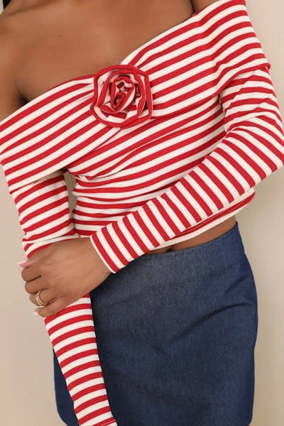 Lulus Danon Red And Cream Striped Rosette Off-the-shoulder Top In Red