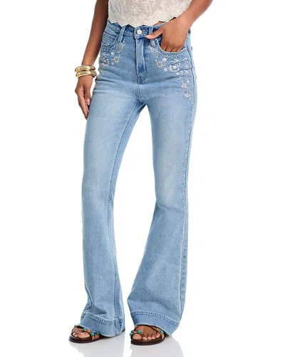 Aqua X Ava Phillippe Embroidery Stud Bell Bottom High Rise Jeans In Light Wash - Exclusive In Blue