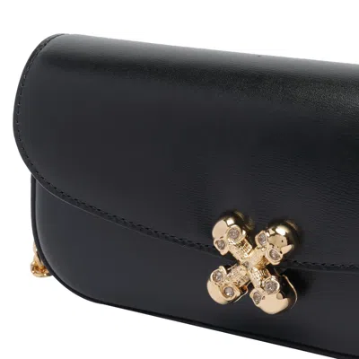 Alexander Mcqueen Black Leather Skull Flower Small Shoulder Bag In Animal Print