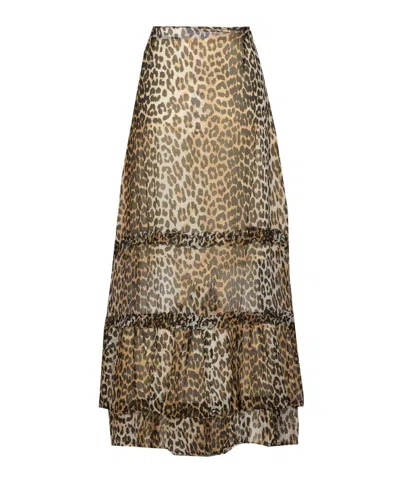Ganni Animal Print Flared Layered Leopard Skirt In Animal Print