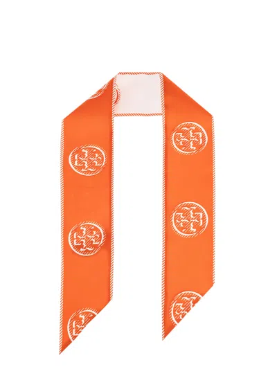 Tory Burch Medallion Logo Ribbon Silk Tie In Orange