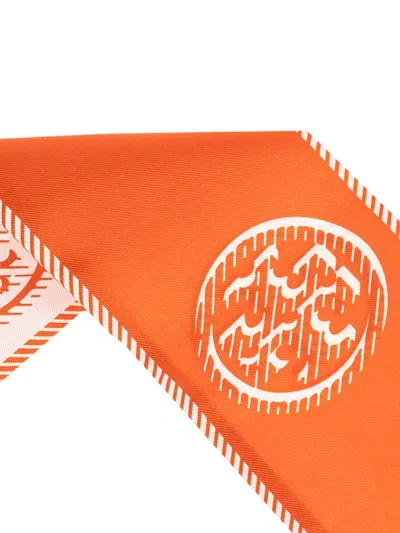 Tory Burch Medallion Logo Ribbon Silk Tie In Orange
