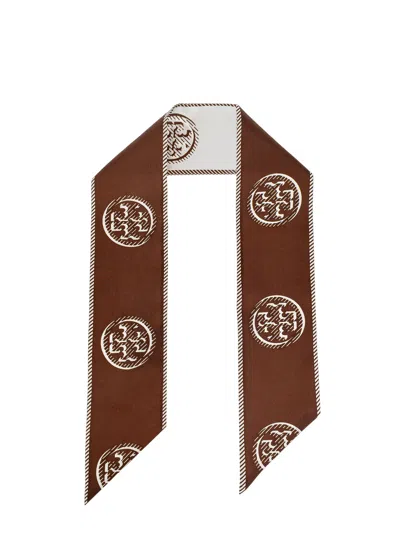 Tory Burch T Monogram Silk Ribbon Tie In Brown
