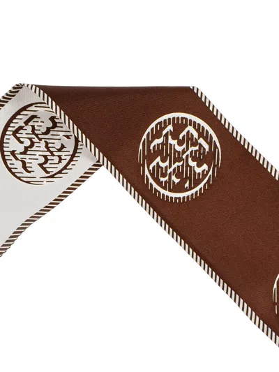 Tory Burch T Monogram Silk Ribbon Tie In Brown