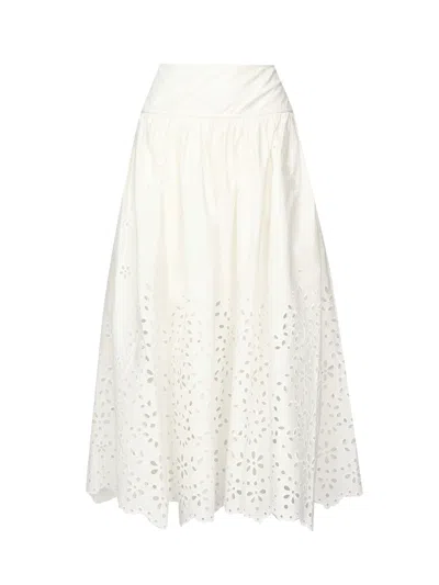Self-portrait White Midi Skirt With Side Gathered Details And All-over Embroidery